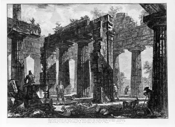 Utsikt over templene i Paestum (litho)