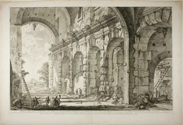 Utsikt over den øvre etasjen i Cages for Wild Animals bygget av keiser Domitian, assosiert med det flaviske amfiteateret og ofte kalt Curia Hostilia, fra utsikt over Roma