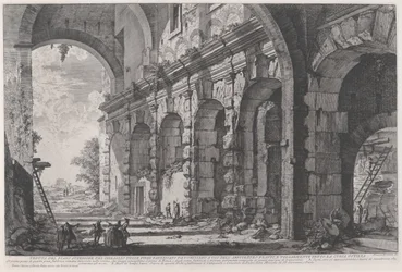 Utsikt over den øvre etasjen i Cages for Wild Animals bygget av keiser Domitian, assosiert med det flaviske amfiteateret og ofte kalt Curia Hostilia, ca. 1760-1778 (radering)