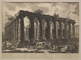 Utsikt som viser restene av en stor innhegning av søyler..., fra Différentes vues de ..., ca. 1748.