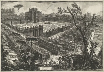Villa Doria Pamphili te Roma Villa Panfili utenfor Porta S. Pancrazio (tittel på objekt) Gezichten op Roma (serietittel) Utsikt over Roma designet og gravert av Giambattista Piranesi-arkitekten Ve (nez) iano (serietittel)