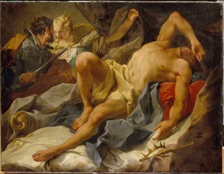 Døden til kong Candaules (eller Sadyatte eller Myrsile, konge av Lydia, 8. århundre f.Kr.). (Death Of King Candaules) - Myrdet av Gyges, hans fortrolige og rival, som stikker ham og gifter seg med kona Dronning Tudo - Maleri av Giambattista (Giovan Battist
