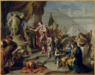 Afrikaneren Scipion (Publius Cornelius Scipio Africanus) (235-183 f.Kr.) hyller guden Mars (Scipio hyller Mars) - Maleri av Giovan Battista Pittoni (1687-1767), olje på lerret (71,7x91,1 cm) - Privat samling