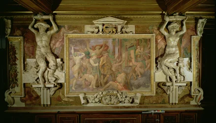 Jakt ut uvitenhet, detalj av dekorativt oppsett i Galleriet til Frans I, 1530-40 freskomaleri og stukkatur