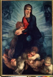Jomfruen og barnet med engler (Jomfruen og barnet med engler). Maleri av Fiorentino Rosso (1495-1540). Olje på lerret