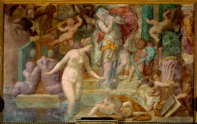 School of Fontainebleau: Venus ved fontenen. Maleri av Giovanni Battista av Jacopo Rosso (1494-1541)