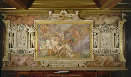 The Death of Adonis, detalj av det dekorative oppsettet i Gallery of Francis I, 1530-40 freskomaleri og stukkatur