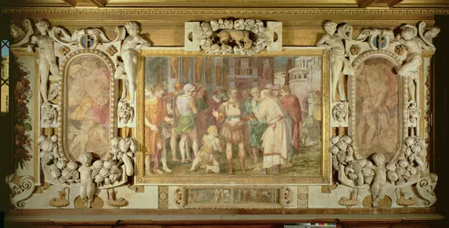 The Unification of the State, detalj av dekorativt opplegg i Gallery of Francis I, 1530-40 freskomaleri og stukkatur