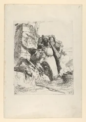 En tryllekunstner, en soldat og tre skikkelser som ser på en brennende hodeskalle fra Scherzi d..., ca. 1743-50.