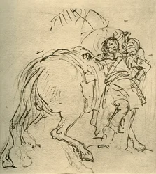 En rytter støttet på hesten sin, ca 1740-tallet, 1928