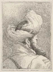 Skjegget mann iført turban, avbildet i bystelengde bakfra i trekvart vi..., ca. 1770.