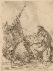 Filosof sittende, med globus, bok og kompass