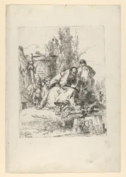 Sittende tryllekunstner, gutt og fire figurer fra Scherzi di Fantasia, ca. 1743-50.