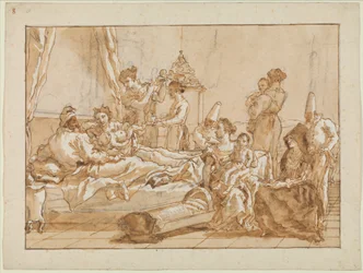 Spedbarnet Punchinello i seng med sine foreldre, ca. 1800