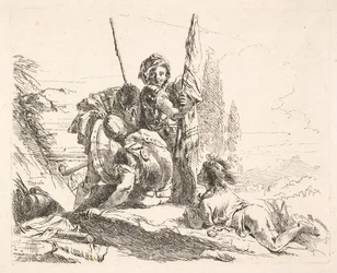 Tre soldater og en ungdom ligger på magen i et landskap, soldatene bærer en..., ca. 1740-42.