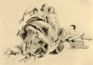 Ung kvinne med gutt, elvegod og satyr, midten av 1700-tallet, 1928