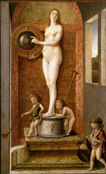 Allegory of Prudence (eller Vanite). Maleri på tre av Giovanni Bellini (ca. 1432-1516) sa il Giambellino 1490 ca. Størrelse 34x21 cm Venezia, Accademia Galleries