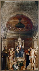Altertavle av Saint Job: Virgin and Child with Six Saints and Musicians Angels (tempera på panel, ca. 1487)