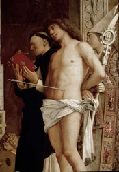 Altertavle av Saint Job: Jomfru og barn med seks hellige og musikere engler. Detalj (tempera på panel, ca. 1487)