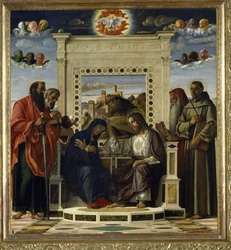 Jomfruens kroning med de hellige Paulus, Peter, Hieronymus og Frans av Assisi samt scener fra helgenenes liv på predellapanelet, kjent som altertavlen «Pala di Pesaro», ca. 1474