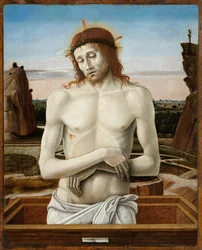 Sorgens Kristus, eller Kristus representert som en sorgens mann - Sorgens mann - Bellini, Giovanni (1430-1516) - 1460-1469 - Olje på tre - 50x40 - Museo Poldi Pezzoli, Milano