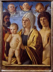 Jomfruen og Jesusbarnet mellom St. Peter og St. Sebastian Maleri av Giovanni Bellini dit il Giambellino (1430-1516) 1500-tallet Søn. 0,82x0,58 m - Jomfruen og Jesusbarnet mellom St. Peter og St. Sebastian. Maleri av Giovanni Bellini kalt G