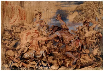 Homer's Odyssey: heksen Circe og Odysseus (Ulysses) sine følgesvenner ble til svin - Tegning