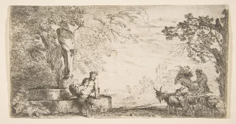En satyr lenende ved foten av en statue av Priapus, geiter til høyre, ca. 1645-48.