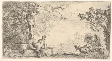 En satyr lenende ved foten av en statue av Priapus, geiter til høyre, ca. 1645-48.