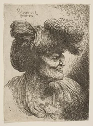 Byste av skjeggløs gammel mann i profil mot høyre, fra serien Small Head..., ca. 1645-1650.