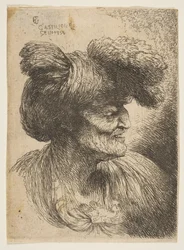 Byste av skjeggløs gammel mann i profil vendt mot høyre, fra serien Small Heads ..., ca. 1645-50.
