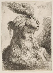 Hodet til en skjeggete mann med turban mot høyre, fra serien med små hoder..., ca. 1645-1650.