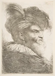 Hodet til en gammel mann vendt mot høyre, fra serien med store orientalske hoder, ca. 1645-1650.