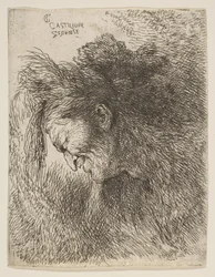Hodet til en gammel mann som ser ned, vendt mot venstre, fra serien med små hoder i ..., ca. 1645-1650.