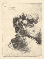 Mann i profil vendt mot høyre, iført pelslue, fra serie Small Heads i Or..., ca. 1645-1650.