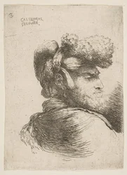 Mann i profil vendt mot høyre, iført pelslue, fra serie Small Heads i Or..., ca. 1645-1650.