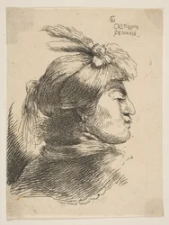 Mann iført en liten turban Oonamented med skyer og bånd, vendt mot høyre, fra ..., ca. 1645-1650.