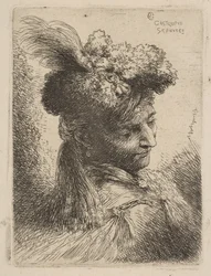 Ung mann vendt mot tre kvarter til høyre iført en pelshodeplagg med en sky, juvel og..., ca. 1645-50.