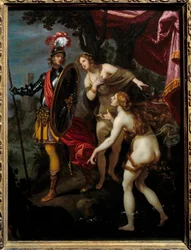 Carlo og Ubaldo skal levere Rinaldo Illustrasjon av en scene av "La Jerusalem delivree" (La gerusalemme liberata) av Torquato Tasso (kalt kruset). Maleri av Giovanni Bilivert (1576-1644) 1500-tallet