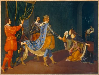 Isabelle av Aragon bønnfaller Karl VIII til fordel for sin far, Alphonse, konge av Napoli, og sin ektemann, Giovanni Galeazzo Sforza, hertug av Milano ...