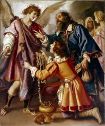 Erkeengelen Raphael nekter Tobie Tobits gaver som tilbyr penger til Tobies følgesvenn Angel som ga ham synet tilbake. Maleri av Giovanni Bilivert (1576-1644)