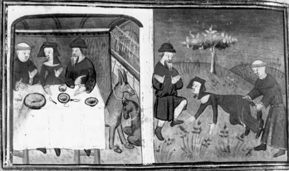 Dekameronen, Gianni di Barolo sitter ved bordet med Pietro da Tresanti og hans kone; Gianni forsøker å feste halen til kvinnen. Niende dag, fortelling 10
