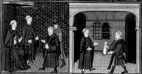 Dekameron, En inkvisitor avhører en mann; mannen gir inkvisitoren penger. Første dag, historie 6.