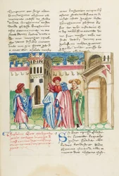 Dekameron, en allegorisk freske - Guiglielmo Borsiere og Ermino de#39;Grimaldi, Første dag, novelle 8.