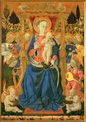 Jomfru og barn på tronen, med engler og putti (maleri på tre)