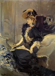 Belle Époque: «Besøket» Elegant ung kvinne i aftenkjole.