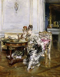 Elegante damer i et interiør, ca. 1875