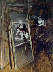 Inne i malerens atelier med maleri Young Girl, Errazuriz, av Giovanni Boldini (1842-1931)
