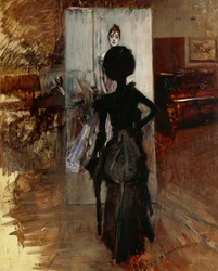 Dame i atelieret til maleren vendt mot hvit pastell av Giovanni Boldini (1842-1931)