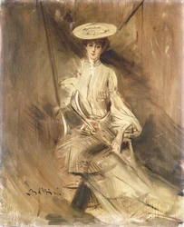 Portrett av en dame, sittende, med en parasoll,